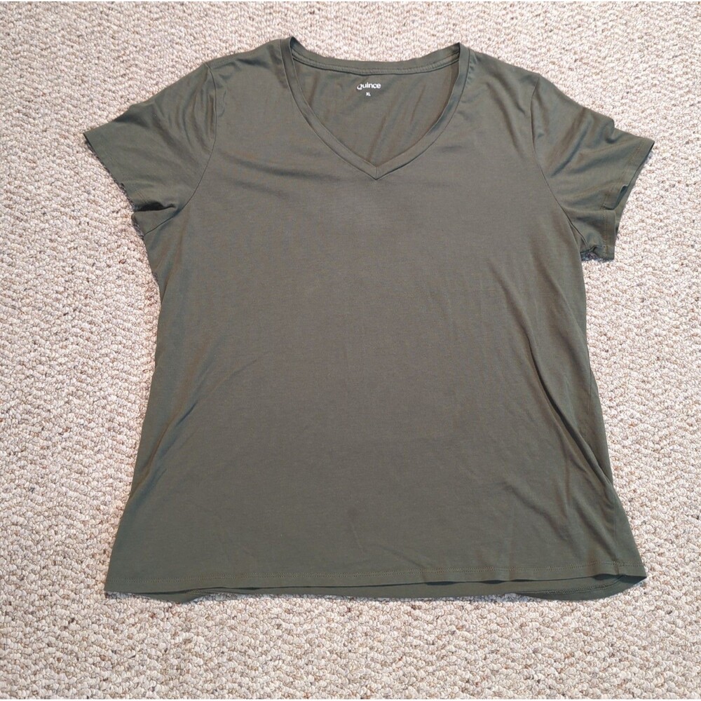 Quince V Neck T Shirt Women XL Green Short Sleeve Cotton Blend Casual
